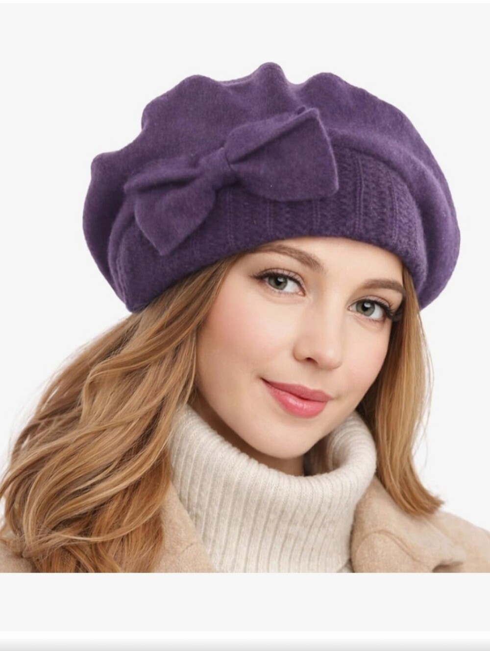 Beret 100% Wool Forbusite Winter Hat With Bow Purple